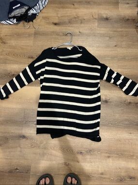 Eileen Fisher Black and Cream Striped Crewneck Sweater